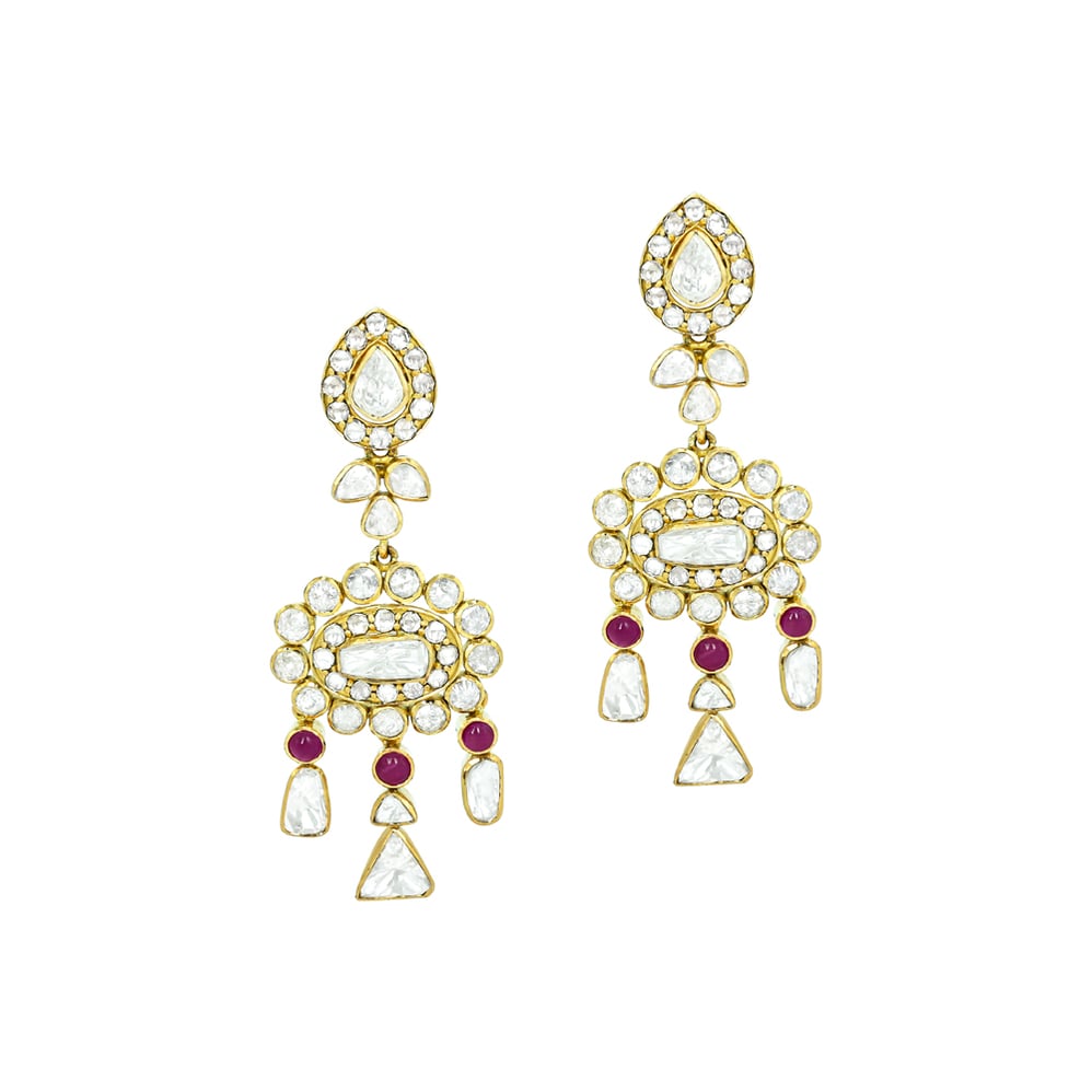Polki Earrings with Ruby Accents and Dangling Drops